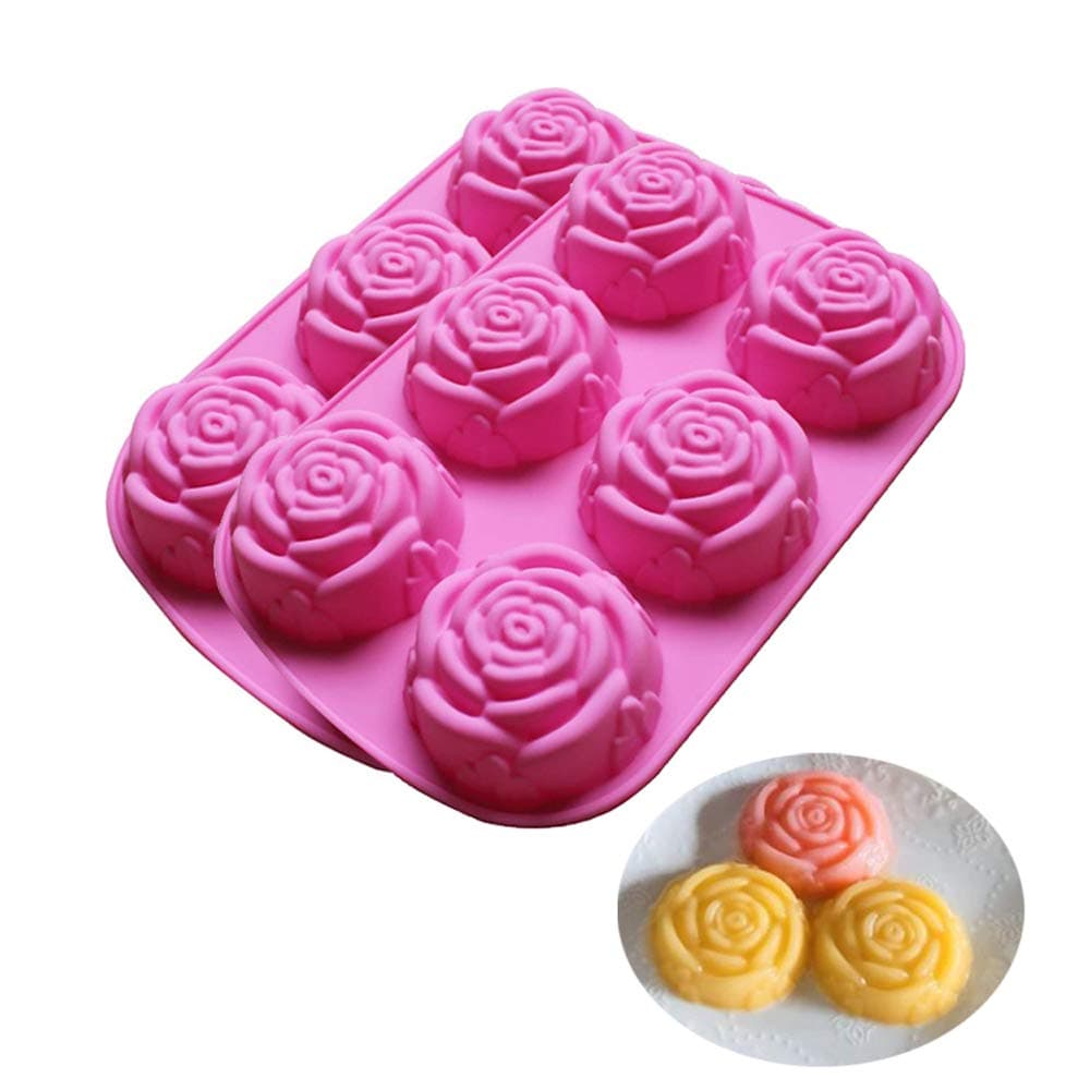Silicone Mold for Handmade Soap Cake Jelly Pudding Chocolate 6 Cavity Rose Flower Design, Set of 2 Pink