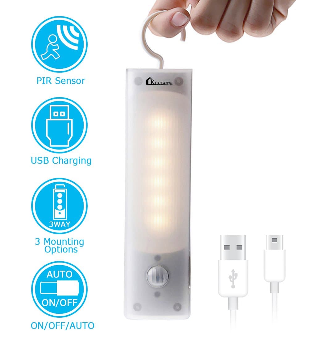 Stick-on Anywhere Light - Kitclan Rechargeable LED Sensing Closet Light, Cabinet Light, Tap Light, 3 Mounting Options, Built in Magnet, Include Sticky Strips, Hook, with On/Off/Auto Warm White