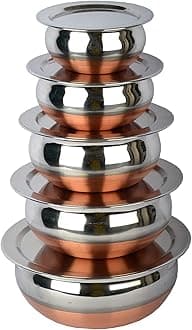 Steel Handi Set Cookware - Stainless Steel Copper Bottom With Lid - 5-Piece Kitchen Serving and Cooking Bowl Set for Biryani (Copper)