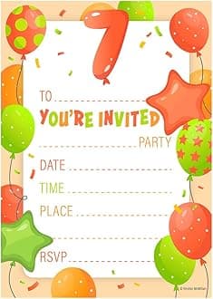 32 Kids Childrens Birthday Party Invitations Age 7 with Envelopes Invitation Orange Pack of 32 Balloon Invites - Designed and Printed in the UK