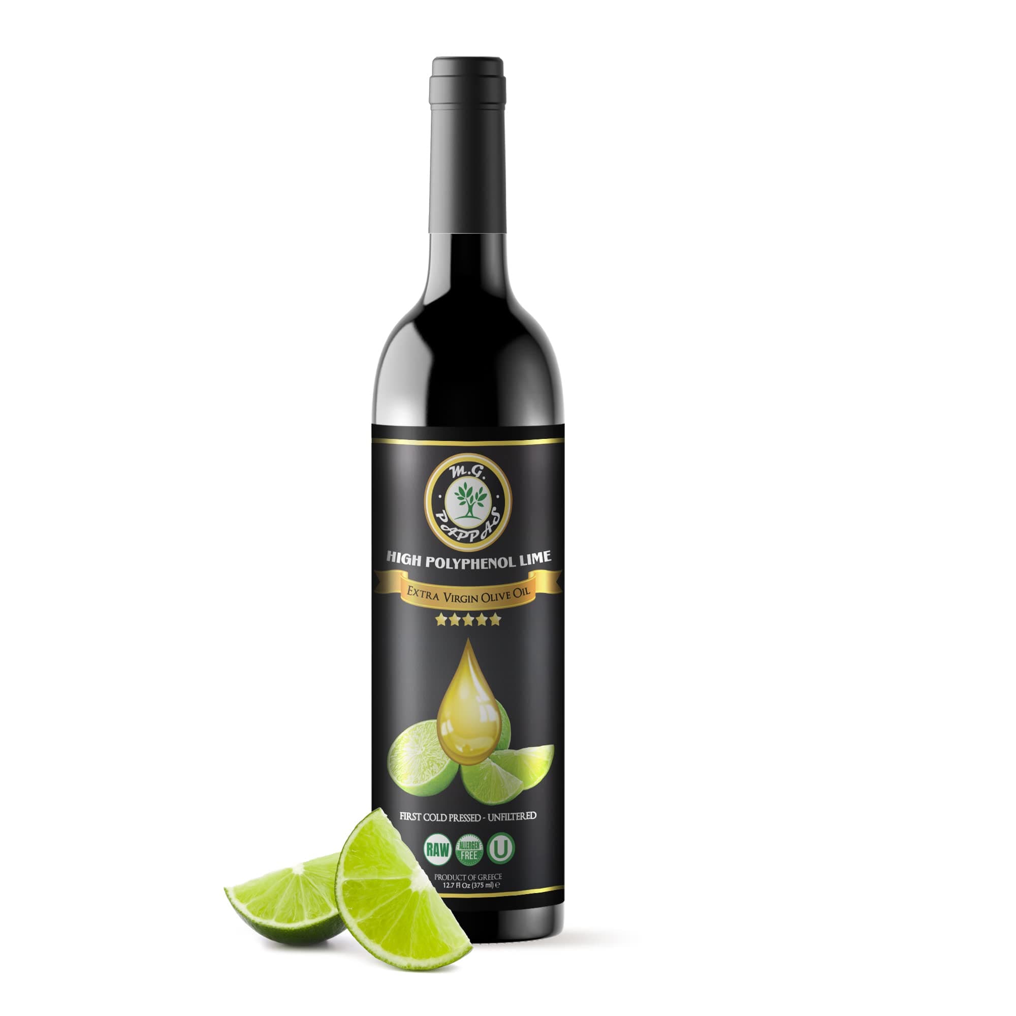M.G. PAPPAS High Polyphenol Rich Lime Infused Olive Oil Extra Virgin - Polyphenol Lab Report 550mg/kg - Unfiltered Cold Pressed Greek EVOO - Award Winning - Cooking Lime Oil – 12.7 Oz 375ml