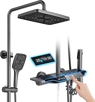 Thermostatic Shower System with Ambient Light, Wall-mounted Shower Faucet Set Height Adjustable Shower Fixture 4 Function Rain Shower Combo Set with Tub Spout and Bidet Sprayer (Grey)