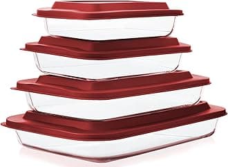 8-Piece Deep Glass Baking Dish Set with Plastic lids,Rectangular Glass Bakeware Set with Lids, Baking Pans for Lasagna, Leftovers, Cooking, Kitchen, Freezer-to-Oven and Dishwasher, Red