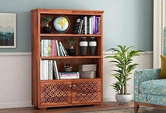 Solid Wood Display Unit Book Shelves for Living Room | Open Bookcase Shelf with 3 Shelf & 2 Door Cabinet Storage | Sheesham Wood, Honey Finish