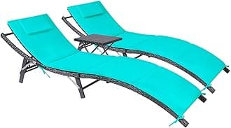 Devoko Patio Chaise Lounge Sets Outdoor Rattan Adjustable Back 3 Pieces Cushioned Patio Folding Chaise Lounge with Folding Table (Blue)