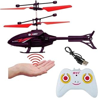Flying Helicopter with Radio Remote Control and Hand Sensor Charging Helicopter 2 in 1 Toys with 3D Light Toys I Remote Control Helicopter - Pack of 1 (Black Red Colour)