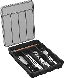Lifewit Silverware Organizer with Lid, Covered Utensil Tray for Kitchen Drawer and Countertop, Plastic Cutlery and Flatware Storage Box for Spoons Forks Knives Holder Case, 23 x 32 cm, Black