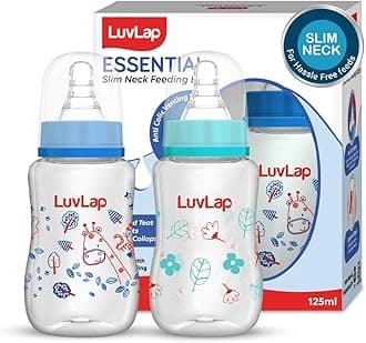 LuvLap Baby Essential Slim Neck Plastic Feeding Bottle, 125Ml, Flower & Jungle, with anti Colic Nipple, New Born / Infants / Toddler upto 3 years, BPA Free, Pack of 2, Blue Green