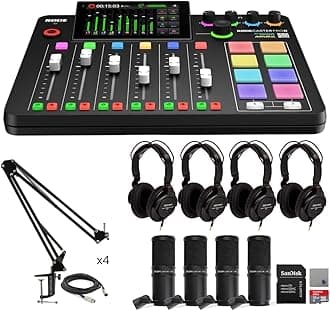 Rode RODECaster Pro II Audio Production Studio Bundle with 4x Zoom ZDM-1 Podcast Mic Packs, StreamEye Adjustable Boom Arms, 32GB microSD Card and StreamEye Polishing Cloth