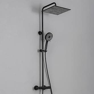 DERW Thermostatic Shower Mixer Set with 12" Square Rainfall Shower Head, 5-Mode Round Handheld Shower with Rotating Bracket, Anti-Leak Hose,Easy Install, Suitable for Bathrooms (Black)