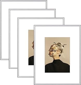 11x14 Picture Frame Set of 4, Matted Silver Simple Modern Brushed Thin Aluminum Metal Photo Frame Fits 8x10 with Mat or 11 x 14 without Mat . Vertical and Horizontal for Tabletop and Wall