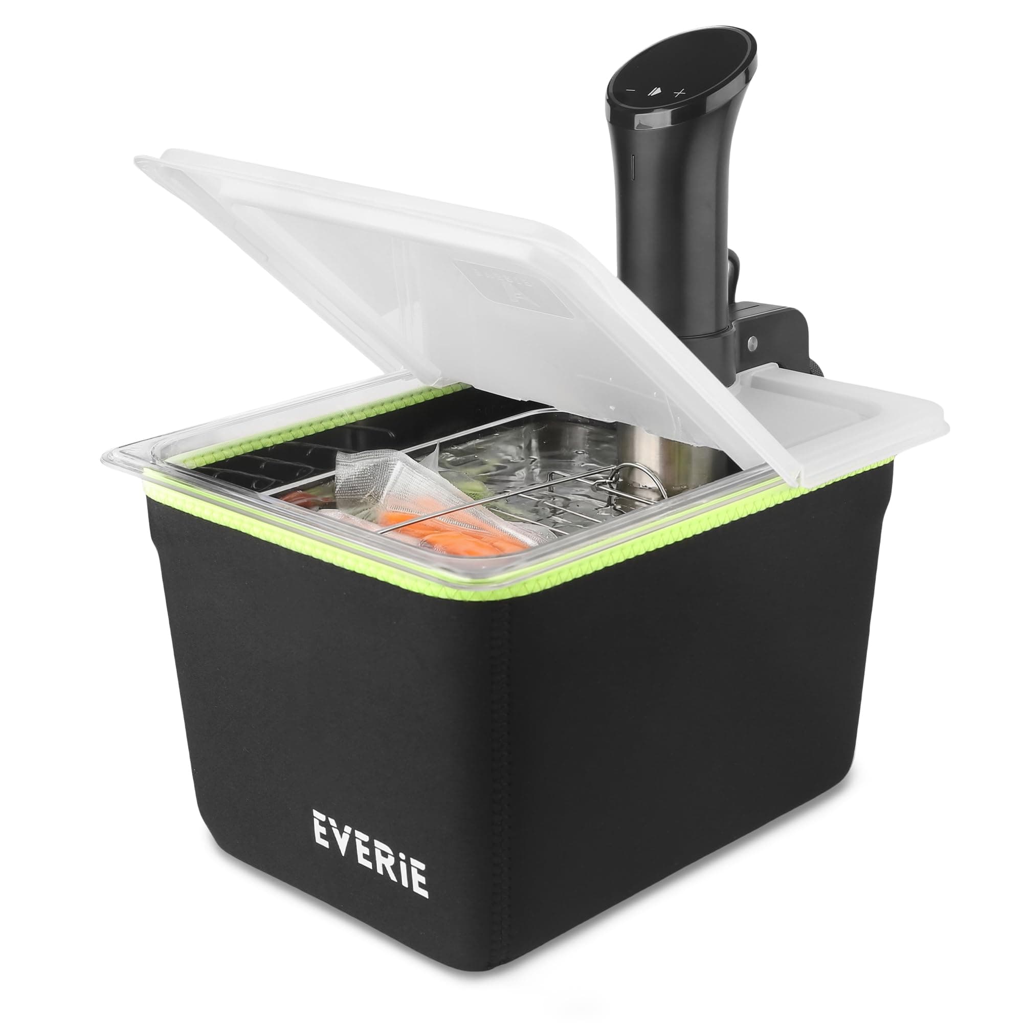 EVERIE 12 Quart Sous Vide Container with Collapsible Hinged Lid + Wobble-Free Stainless Steel Rack Divider + Insulating Neoprene Sleeve — NSF Approved Container, BPA-Free Lid, Fits Anova & Instant Pot