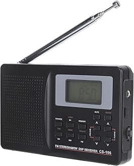 CS‑106 Portable Radio, Full Band Radio Mini FM/AM/SW/MW Receiver, Operated by 2 AA Battery, with Digital Clock Earphone, for Seniors and Home