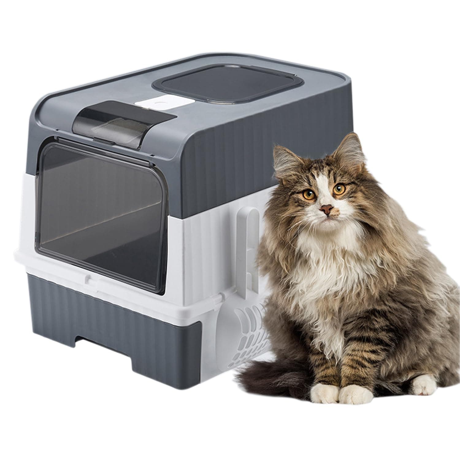 DUKASOU Enclosed Cat Litter Boxes, Foldable Litter Box with Lid Covered, Deodorizing Cabin, Large Size Cat Toilet Trainning Kitty Litter Pan, Closed Smell Proof Anti-Splashing, with Scoop