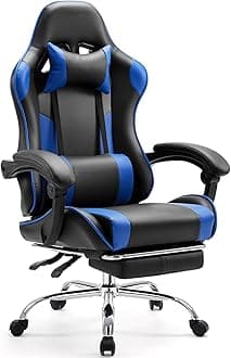 Sweetcrispy Video Game Desk Chair - Ergonomic Computer with Footrest and Comfy Lumbar Support, PU Leather Recliner with Headrest, Fixed Up Armrest, Height Adjustable with 360° Swivel, for Adults, Blue