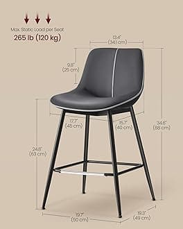 VASAGLE Bar Stools Set of 2, Counter Height Bar Stools with Back, Ergonomic Backrest, Synthetic Leather, Metal Legs, 24.4-Inch Tall Barstools for Kitchen Island Home Bar, Easy Assembly, Ink Black