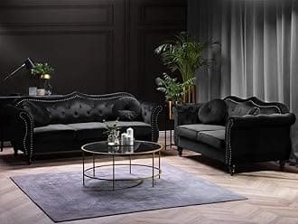 Modern Classic Sofa Couch Fabric & Valvet Tufted Chesterfield Sofa Living Room and Office (Black (3+2))