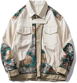 Men'S Denim Jacket, Embroidered Flower Jackets For Mens Clothing Coat Men'S Patchwork Coats New Outerwear Bomber Tops Button Down Jean,Men'S Denim Jacket,Xl