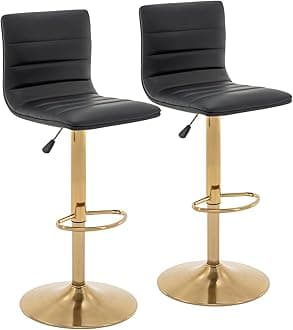 Vogue Furniture DirectPU Leather Bar Stools, Modern Square Adjustable Swivel Barstools with Back, Armless Airlift Counter Height Bar Chairs for Kitchen Dining Set of 2 (Black, Gold Base)