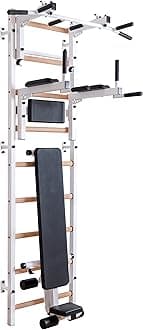 Swedish Ladder Wall Bar - Indoor Chin Up Bar Workout Equipment for Home Exercise, Physical Therapy, Gymnastics, Fitness (WallBars + Convertible Pullup Bar + Dip Bars + Bench, White)