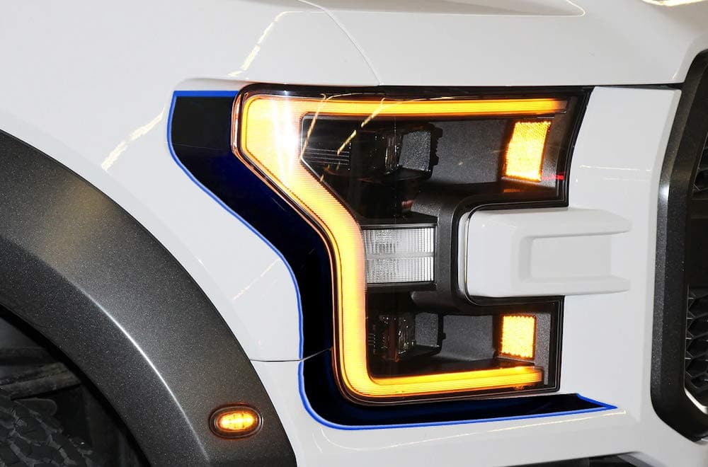 Factory Crafts Headlight Insert Graphics Kit Vinyl Decal Wrap Compatible with Ford F-150 Raptor 2015-2019 (Blue Outline)