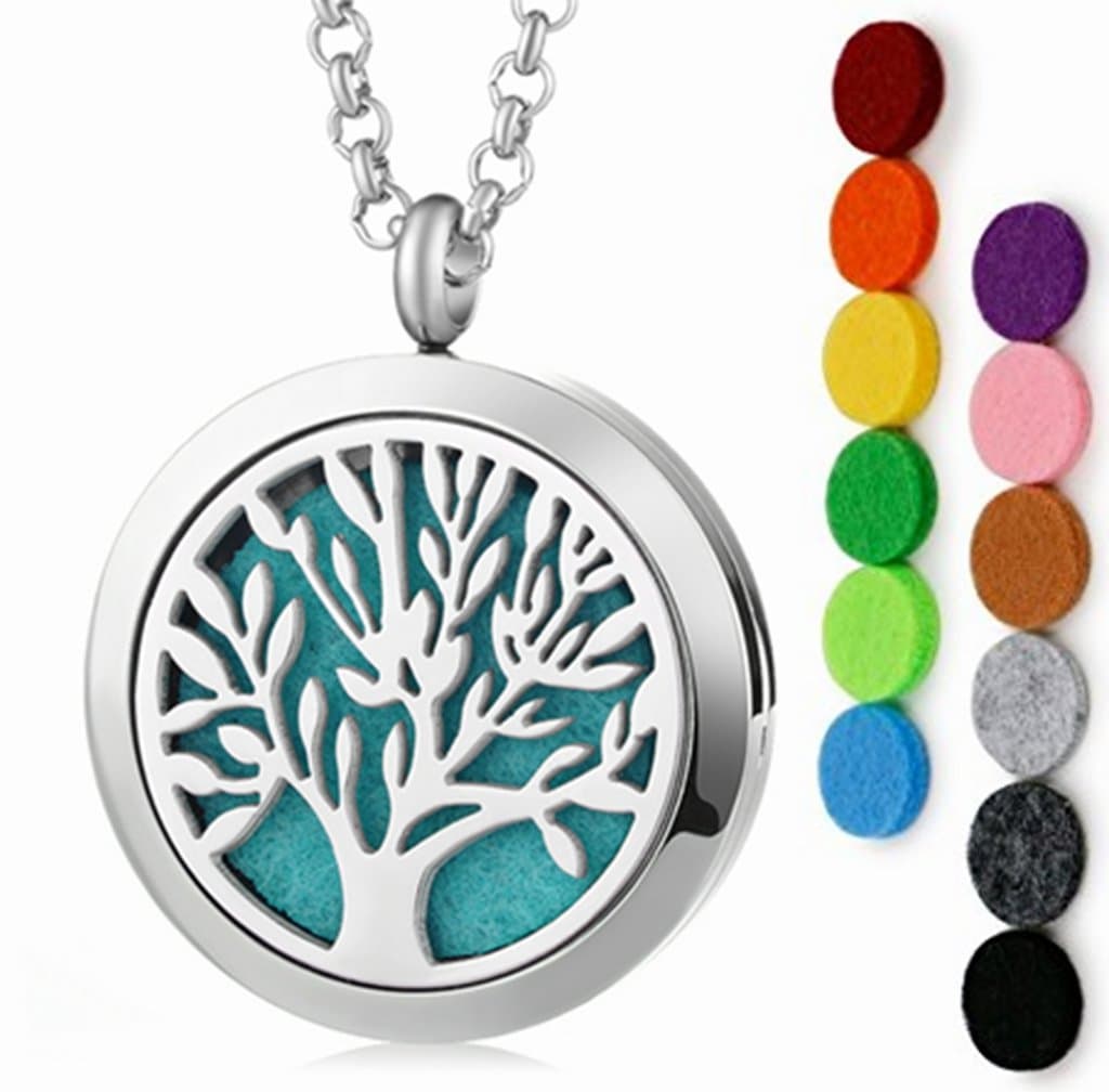 Eco Ultrasonic Diffuser Necklace, Essential Oil Aromatherapy Locket, Tree of Life Pendant. Premium Stainless Steel Will Not Tarnish from Oils, Bonus 12 Assorted Color Refill Pads.