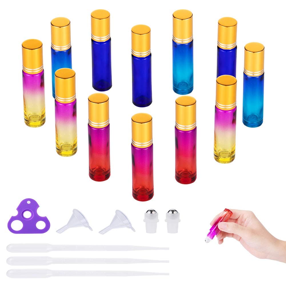 Essential Oil Roller Bottles, 12 Pack 10ml Glass Gradient Color Bottle with Gold Lids Include 1 Opener, 3 Dropper, 2 Funnel, 2 Extra Stainless Steel Roller Balls, 20 Labels YIDADA