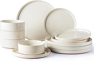 AmorArc Ceramic Dinnerware Set for 4 | Speckled Stoneware Plates and Bowls with unglazed terracotta | Scratch Resistant, Dishwasher & Microwave Safe Dishes Sets- 12-Pcs Beige
