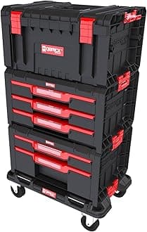 Qbrick Tool Trolley with Empty Tool Box and Drawers - Set of 3 - Empty Workshop Trolley with Wheels, Tool Box with Organiser, Stackable - Qbrick System Pro Drawer Workshop Set No. 2