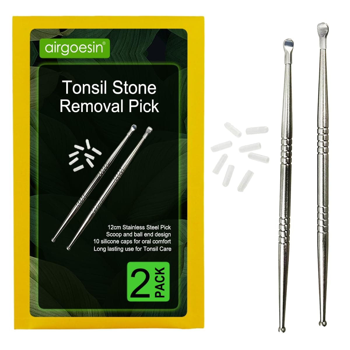 Airgoesin 2pcs Tonsil Stone Removal Pick Tonsillolith Premium Tool Stainless Steel Oral Cleaner with 10 Soft Silicone Caps