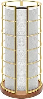 NearMoon Toilet Paper Organizer Stand, Freestanding 3 Rolls Tissue Storage, Metal Bathroom Accessory, Rustproof Toilet Roll Holder for Kitchen Countertop Inside Cabinet Shelf(Wooden Base, Gold)