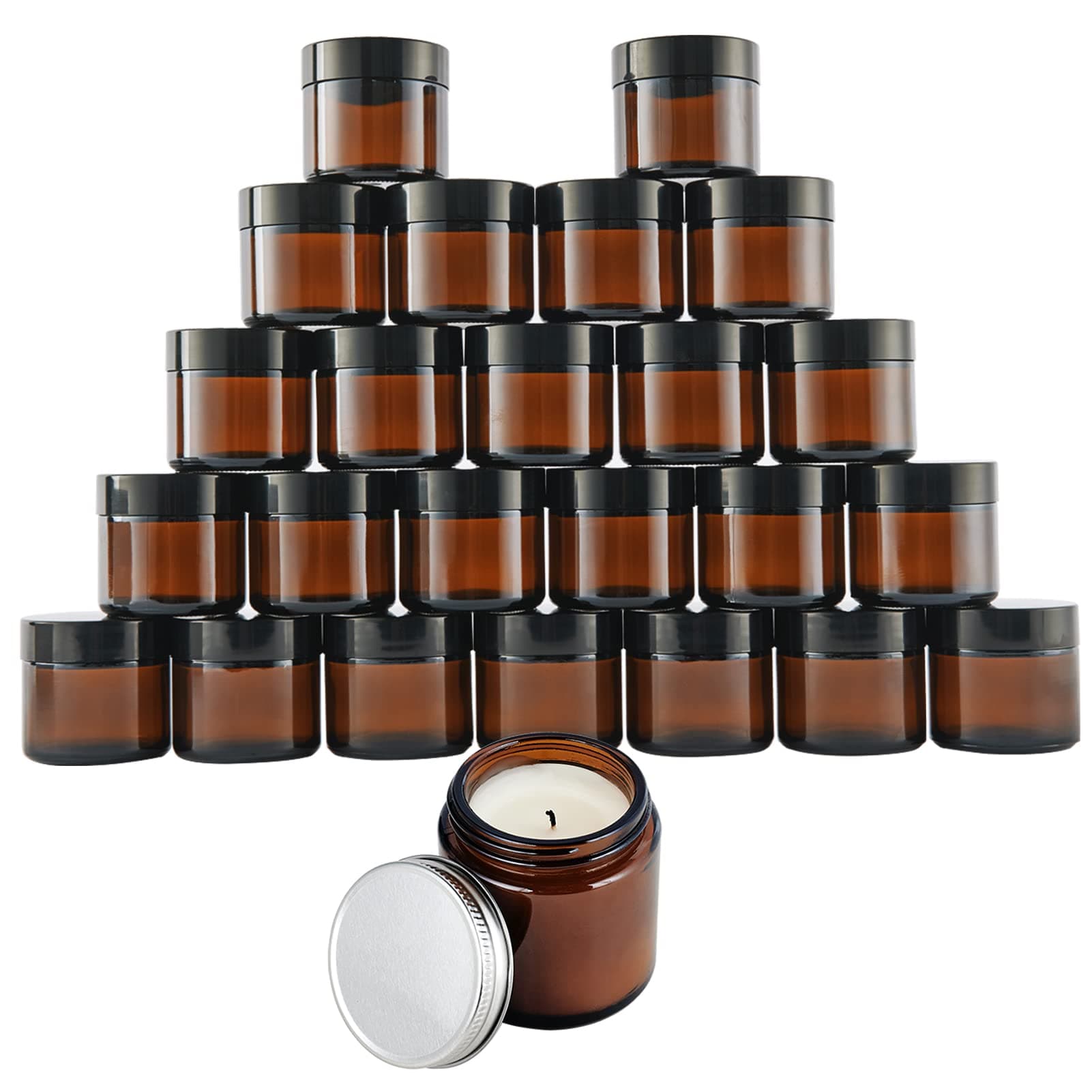 2 oz Amber Round Glass Jars (24 Pack & 48 Lids), Empty Cosmetic Containers with Inner Liners and 24 black & 24 Silver Lids for Slime, Beauty Products, Cosmetic, Lotion, Ointments & DIY.