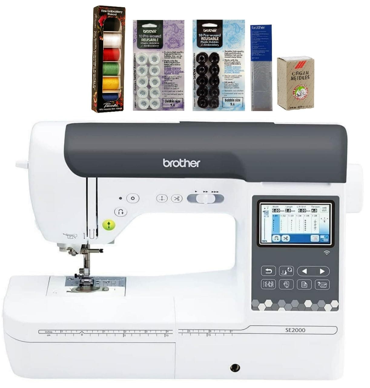 Brother SE2000 Computerized Sewing and Embroidery Machine (SE2000 + Pacesetter 6pc Bundle) 6-Piece Thread Set, 20 Bobbins, 100-Piece 75/11 Embroidery Needles, Stabilizer Roll