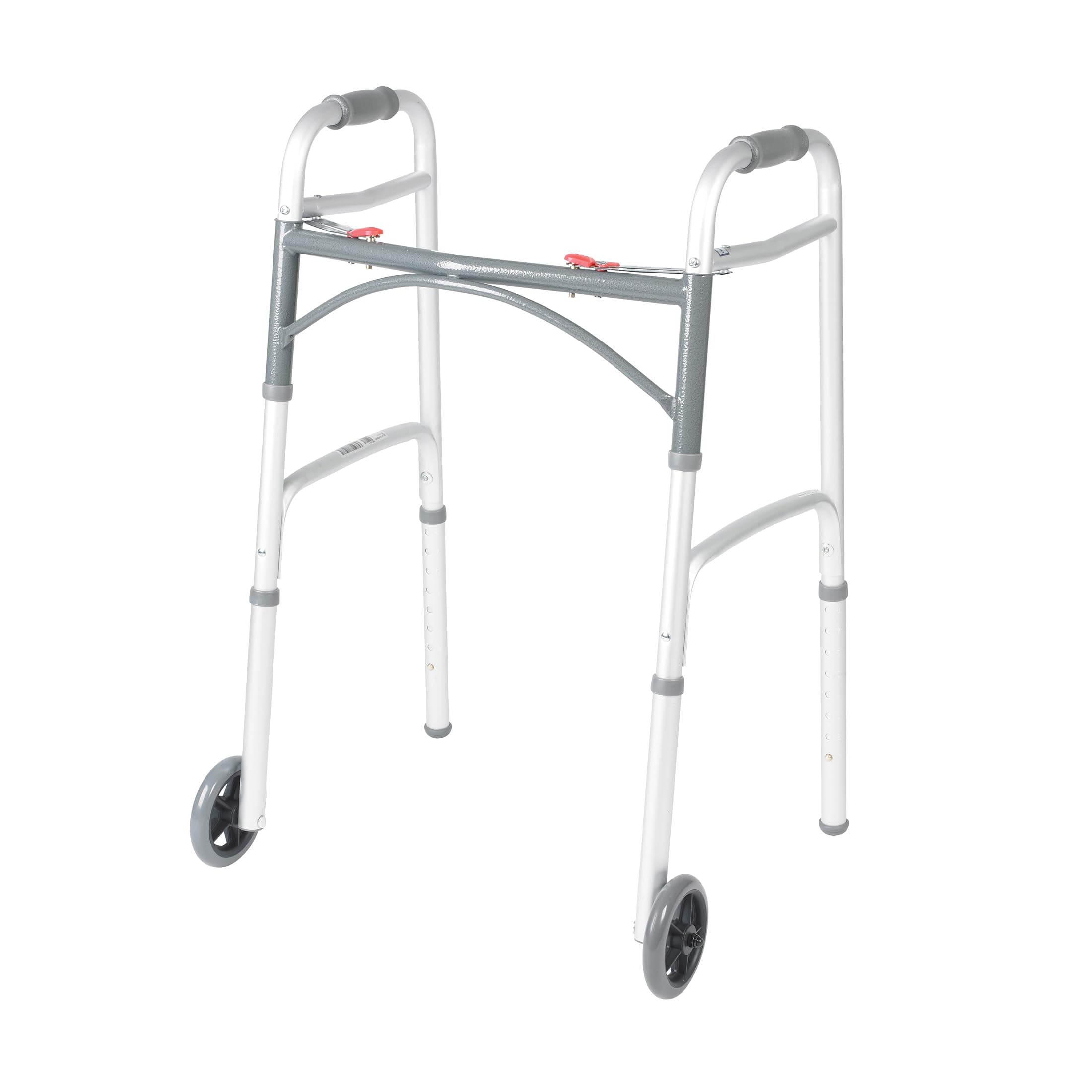 Drive Medical Two-Button Folding Walker w/ Wheels - Lightweight Rolling Mobility Support - Desk Arms - Adjustable Height - Dual Push-Button Operation - 5 Inch Front Wheels - Durable Aluminum - Silver