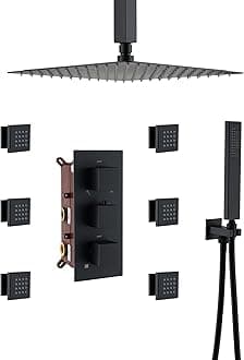 MONDAWE12" Thermostatic Full Body Shower Jets System, Rainfall Luxury Overhead Shower System with 6 Sprayer Jets, Ceiling Mount Rain Shower and Handheld, and Rough-in Valve & Trim Kit, Matte Black