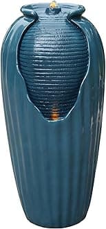 Teamson Home 32 in. Outdoor Contemporary Glazed Contoured Vase Water Fountain with LED Lights to Create a Calming Oasis in Gardens and Landscaping, on Patios, Balconies, Lawns, Teal Blue