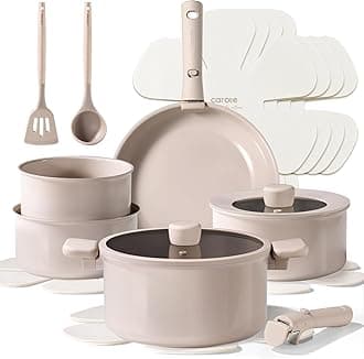 CAROTE 15pcs Ceramic Cookware Set, Pots and Pans Set Non Stick, Induction Kitchen Casserole Sets, Non Stick RV Set with Detachable Handle, Dishwasher/Oven Safe, Taupe
