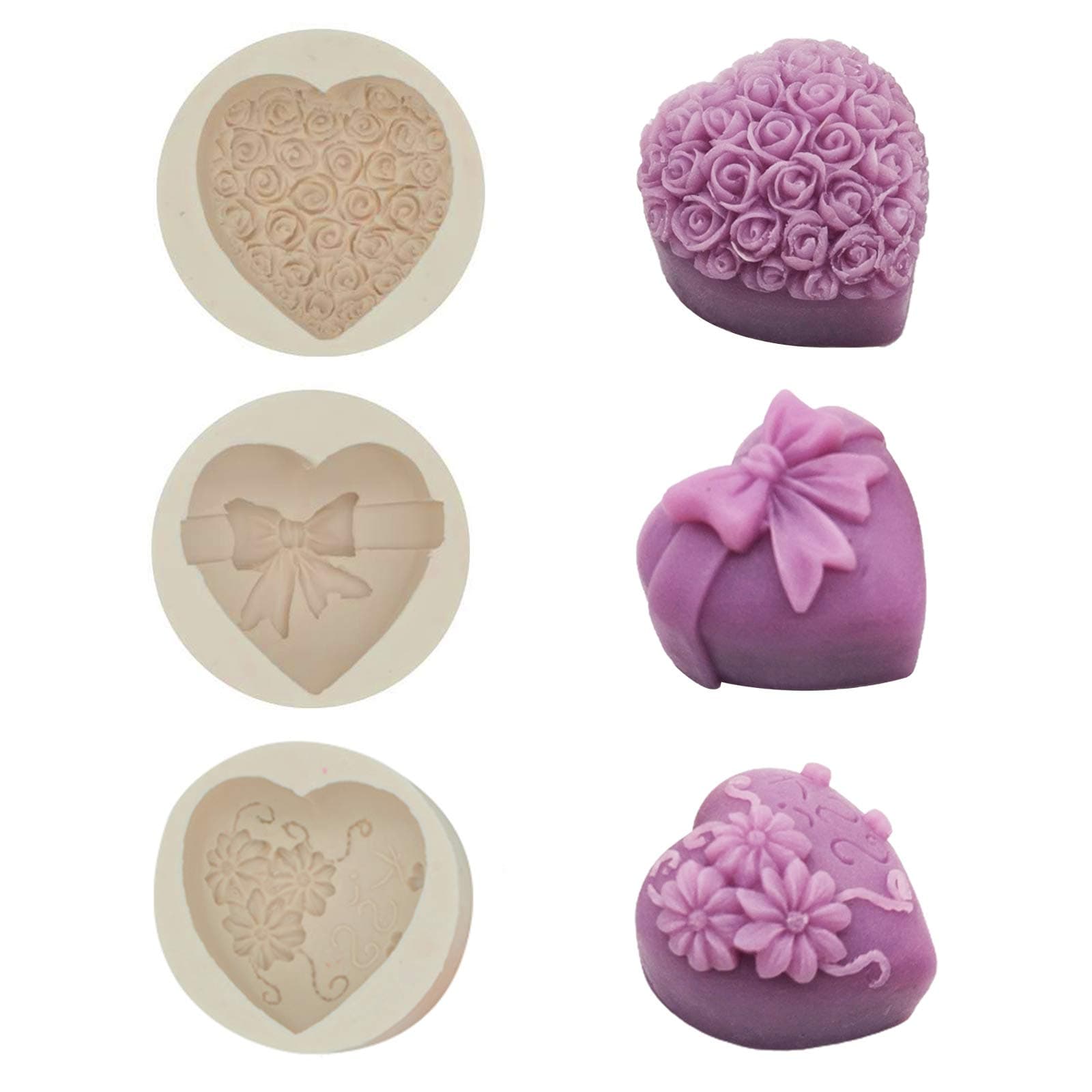 Silicone Soap Mold,3PCS Single Cavity Soap Molds Rose Mousse Cake Silicone Mold 3D Flowers Heart Chocolates Silicone Mould for Wedding Birthday Baby Shower Christmas DIY Party Gift