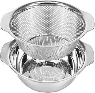 Stainless Steel Microporous Colander for Kitchen, 3.5QT Large Capacity, Colander and Bowl Set of Two, Stainless Steel Drain Basket with Mixing Bowl, for Washing Fruits and Vegetables (10.4×9.1inch)