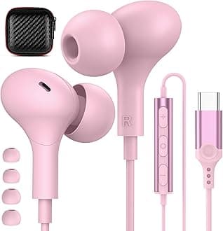 USB C Headphones for iPhone 17 16 15 Plus/Galaxy S26 S25 Wired Earbuds with Microphone for Samsung S24 S23 S22 S21 S20 Ultra, Magnetic Noise Canceling in-Ear Type C Earphone for iPad 10/Pixel 8a, Pink