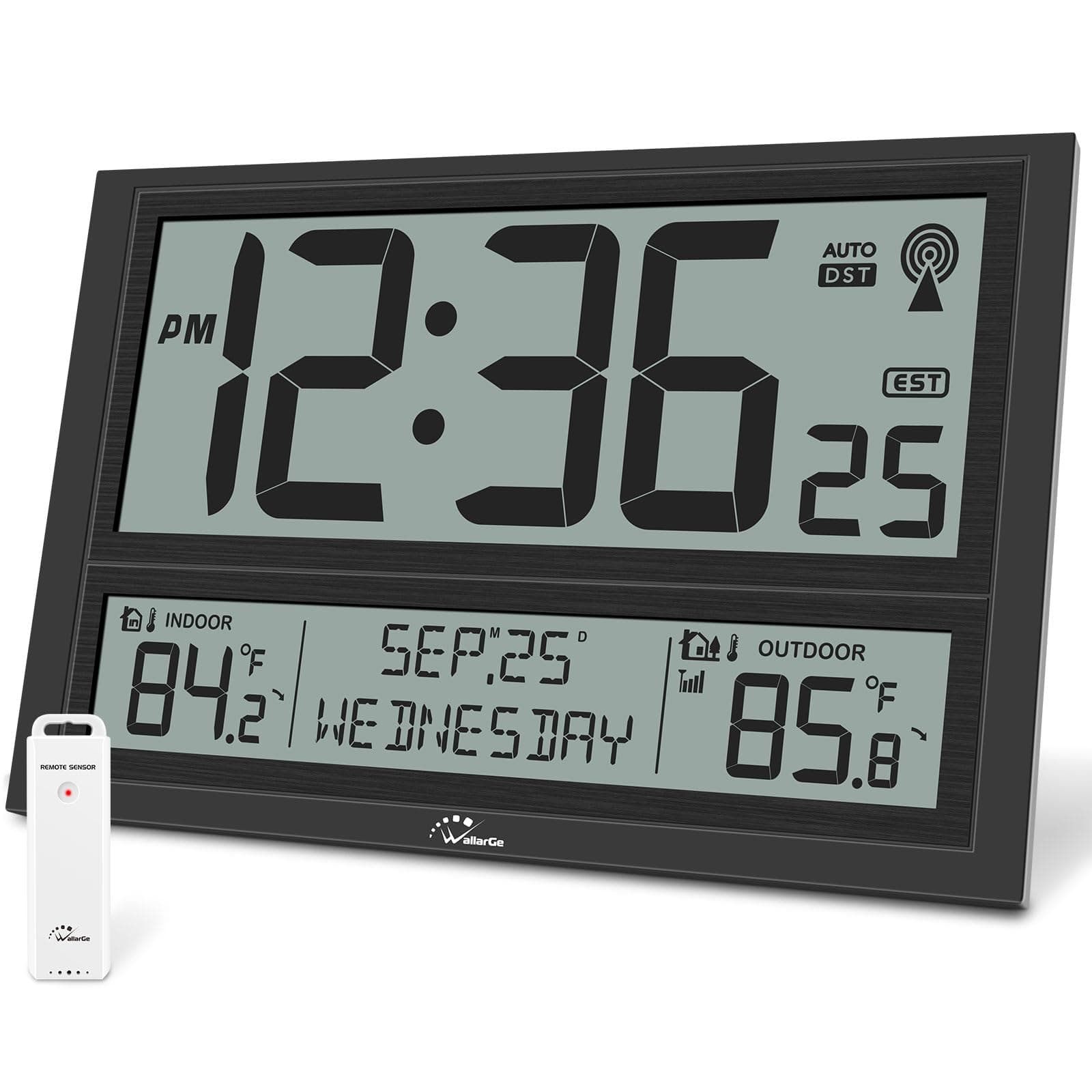 WallarGe Extra Large Atomic Clock with Indoor Outdoor Temperature, Ultra Clear 4.5'' Numbers Display with Auto DST, 4 Time Zones, Date and Day Display, Battery Operated