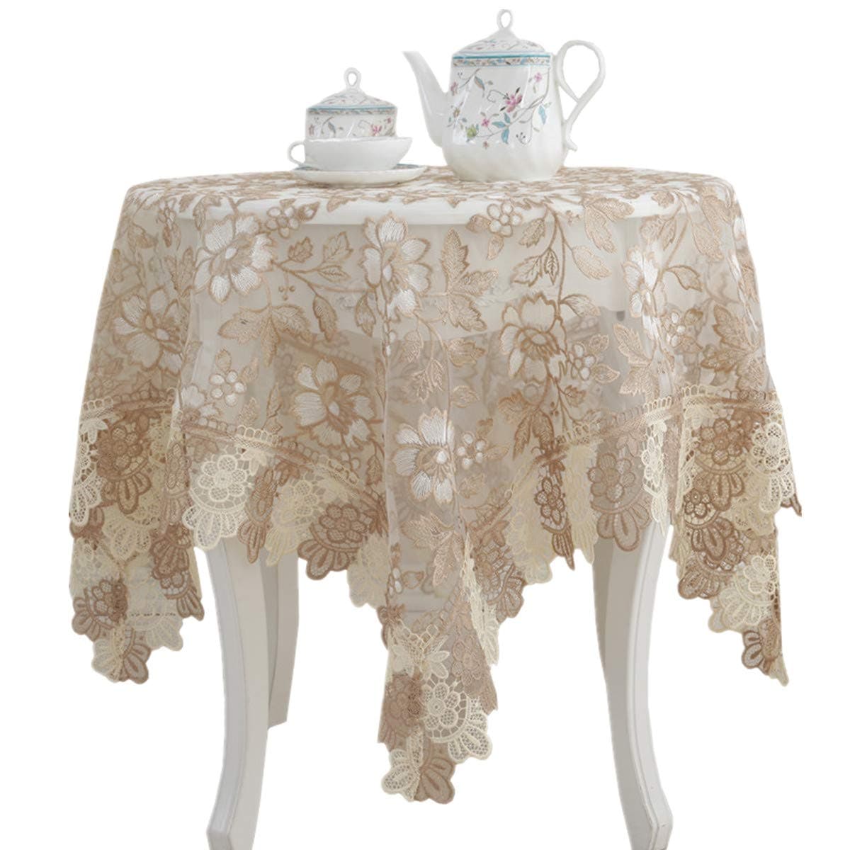 Lace Polyester Round Tablecloth Embroidery Round Table Cloths for Party Wedding Kitchen Dining Home Decorations, Round - 48", Beige