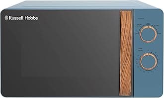 Russell Hobbs RHMM713BL 17 L 700 W Scandi Compact Blue Manual Microwave with 5 Power Levels, Wood Effect Handle & Dials, Timer, Defrost Setting, Easy Clean