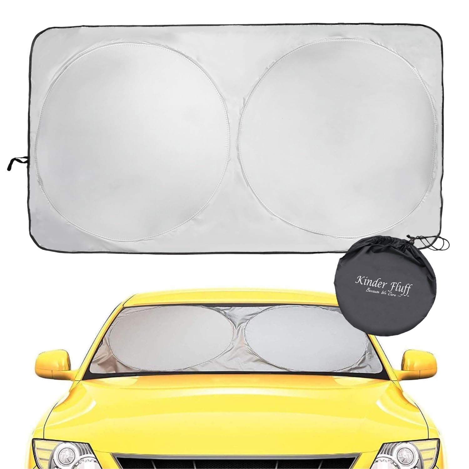 Windshield Sun Shade - Certified 99.87% UVB & 99.02% UVA Protection Car Sun Shade. Award Winning Sunshade for Car Windshield with Patented Technology. Size XL 66"x37" Car Window Shades by Kinder Fluff