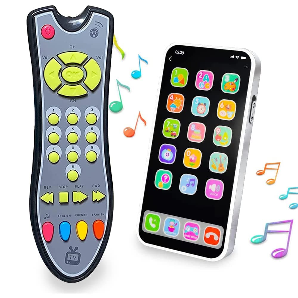 TV Remote Control and Baby Cell Phone Toy Bundle Set,Musical Toy with Sounds and Lights, Early Learning Toy for Toddlers and Babies, Preschool Boys and Girls