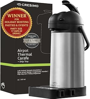 Cresimo 101 Oz (3L) Airpot Thermal Coffee Carafe/Lever Action/Stainless Steel Insulated Thermos / 12 Hour Heat Retention / 24 Hour Cold Retention (Airpot with Drip Tray)