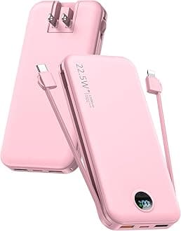 Portable Charger Power Bank, 12000mAh 22.5W USB C Fast Charging with Built-in Cables and Wall Plug, Travel Essential Battery Pack with LED Display for iPhone, iPad, Samsung Pink
