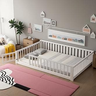 PVWIIK Full Size Montessori Floor Bed Frame with Convertible Door & Wood Slats for Kids,Wood Montessori Bed with Safety Guardrails for Girls & Boys,White