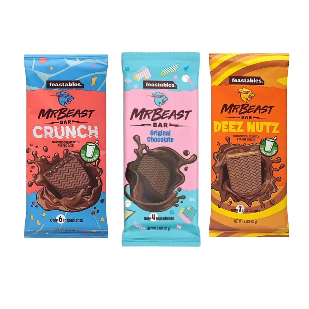 Mr Beast Chocolate Bars – NEW Deez Nuts Peanut Butter, New Crunch and Original Chocolate (3 pack)
