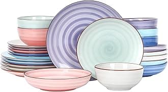Ceramic Plates and Bowls Set, 24 Pieces Dinnerware Sets for 6, Scratch Resistant Dishes Set, Handpainted Swirl with Spot Dishwasher & Microwave Safe, Gradient Color